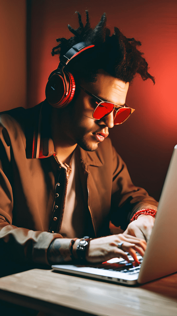 After Hours Media Hub, weeknd, a guy working on laptop in his dark room, dark room, business work, AI picture, AI working picture, digital work, media, digital marketing, website development, video advertisement